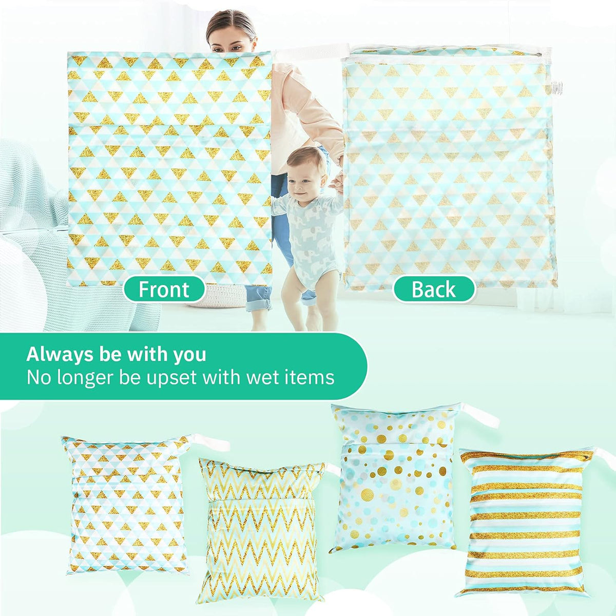 4 Pack 12 x 14 in Wet Bags for Swimsuits, Waterproof Reusable Travel Wet Dry Bags with Zippered Pockets for Beach Pool Swimwear, Towels, Gym, Cloth Diapers, Summer Vacation(Flower)