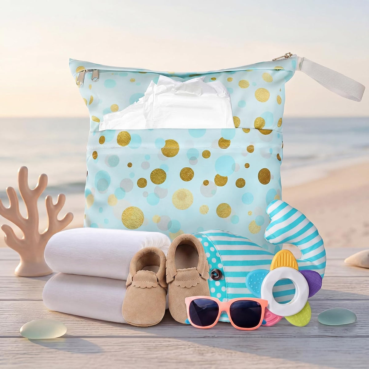 4 Pack 12 x 14 in Wet Bags for Swimsuits, Waterproof Reusable Travel Wet Dry Bags with Zippered Pockets for Beach Pool Swimwear, Towels, Gym, Cloth Diapers, Summer Vacation(Flower)