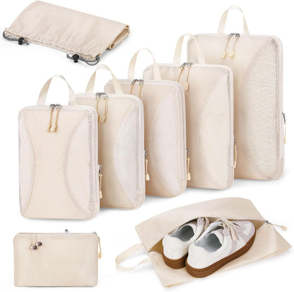Compression Packing Cubes 10 Sets, Packing Organizers, Extensible Suitcase Organiser Bags, Travel Organizer Cubes for Travel Essentials Beige