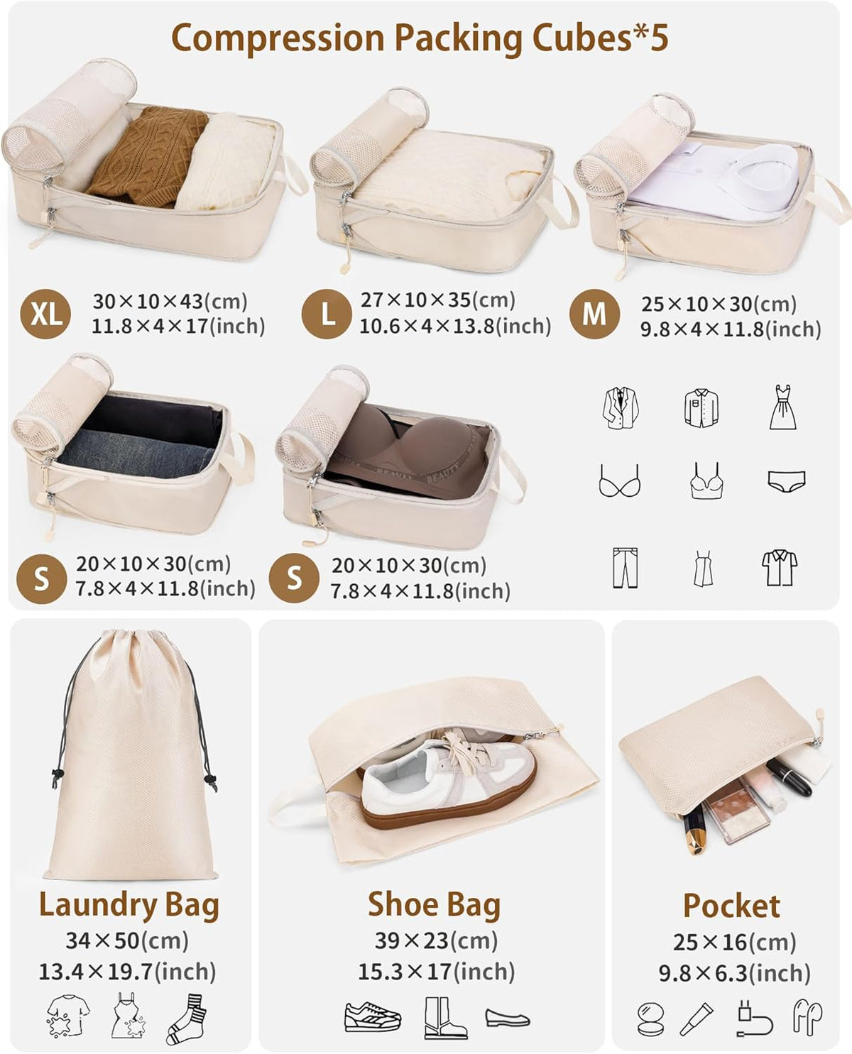 Compression Packing Cubes 10 Sets, Packing Organizers, Extensible Suitcase Organiser Bags, Travel Organizer Cubes for Travel Essentials Beige