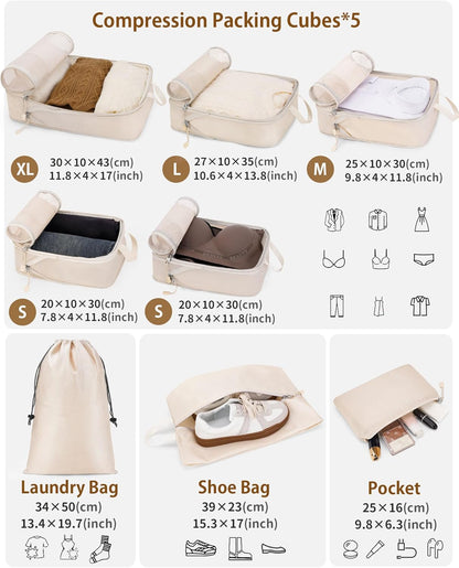 Compression Packing Cubes 10 Sets, Packing Organizers, Extensible Suitcase Organiser Bags, Travel Organizer Cubes for Travel Essentials Beige