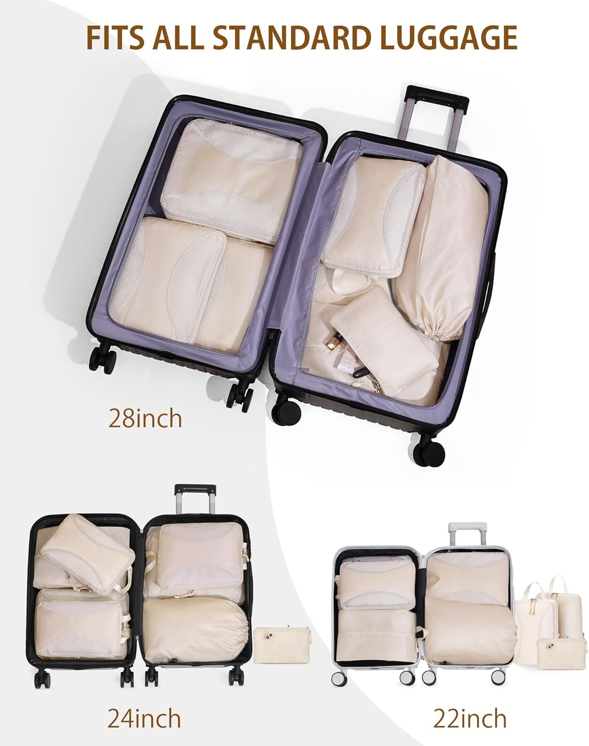 Compression Packing Cubes 10 Sets, Packing Organizers, Extensible Suitcase Organiser Bags, Travel Organizer Cubes for Travel Essentials Beige