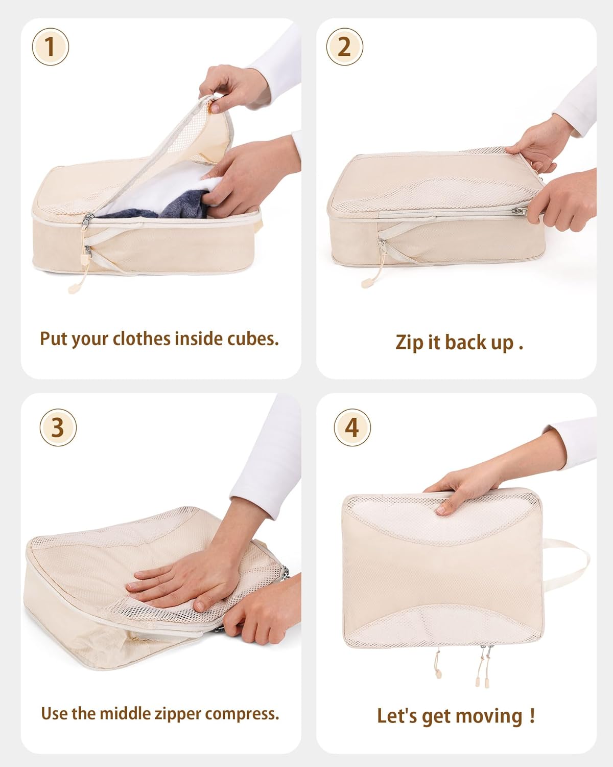 Compression Packing Cubes 10 Sets, Packing Organizers, Extensible Suitcase Organiser Bags, Travel Organizer Cubes for Travel Essentials Beige