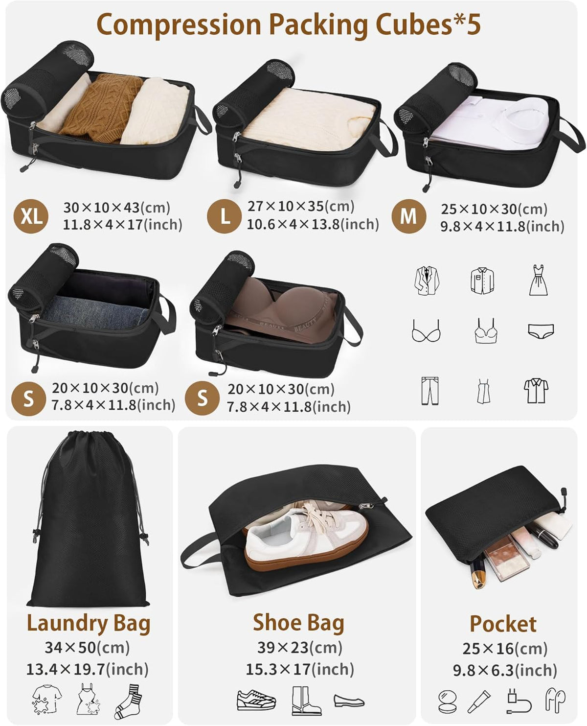 Compression Packing Cubes 10 Sets, Packing Organizers, Extensible Suitcase Organiser Bags, Travel Organizer Cubes for Travel Essentials Beige