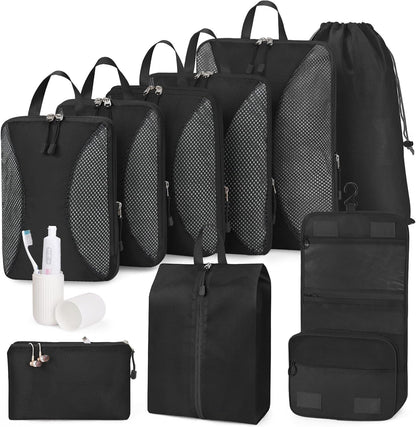 Compression Packing Cubes 10 Sets, Packing Organizers, Extensible Suitcase Organiser Bags, Travel Organizer Cubes for Travel Essentials Beige