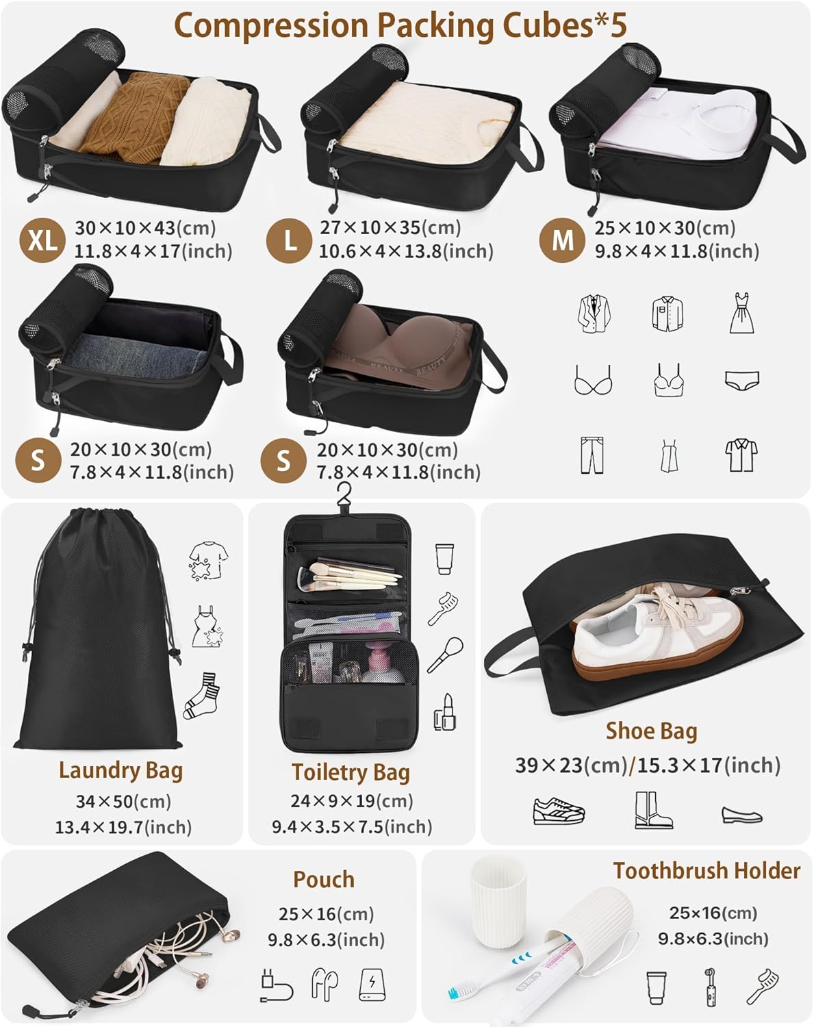 Compression Packing Cubes 10 Sets, Packing Organizers, Extensible Suitcase Organiser Bags, Travel Organizer Cubes for Travel Essentials Beige