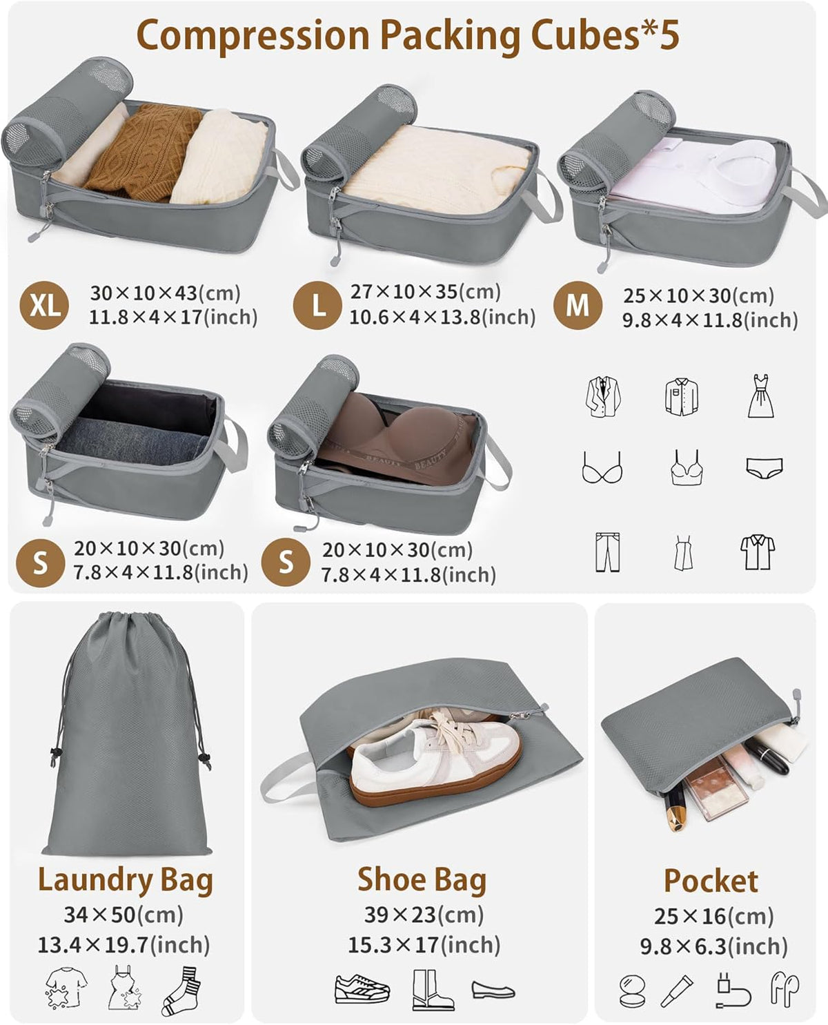 Compression Packing Cubes 10 Sets, Packing Organizers, Extensible Suitcase Organiser Bags, Travel Organizer Cubes for Travel Essentials Beige