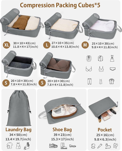 Compression Packing Cubes 10 Sets, Packing Organizers, Extensible Suitcase Organiser Bags, Travel Organizer Cubes for Travel Essentials Beige