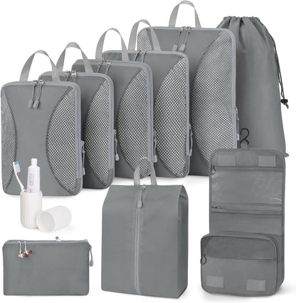 Compression Packing Cubes 10 Sets, Packing Organizers, Extensible Suitcase Organiser Bags, Travel Organizer Cubes for Travel Essentials Beige