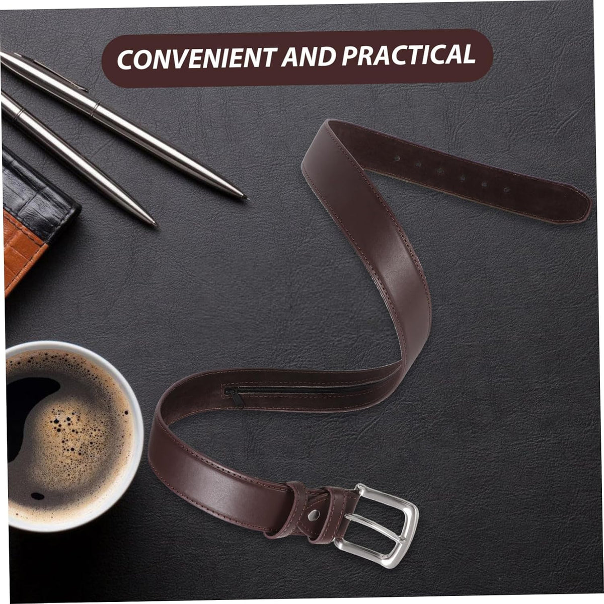 Men Travel Money Belt Hidden Zipper Pocket Concealed Storage for Cash Valuables Stylish Brown Pu Waist Belt for Secure Travel and Everyday Use