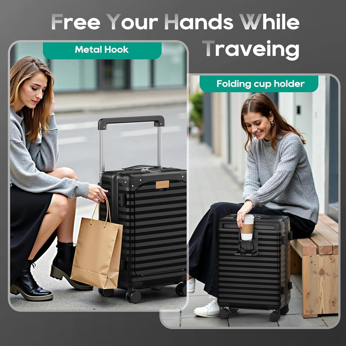 20 Inch Carry on Luggage with Front Pocket, PC Hardshell Carry-on Suitcase with USB Port and Cup Holder, 21.5x14.2x9 Airline Approved, Luggage with Spinner Wheels and TSA Lock(Dark Green)