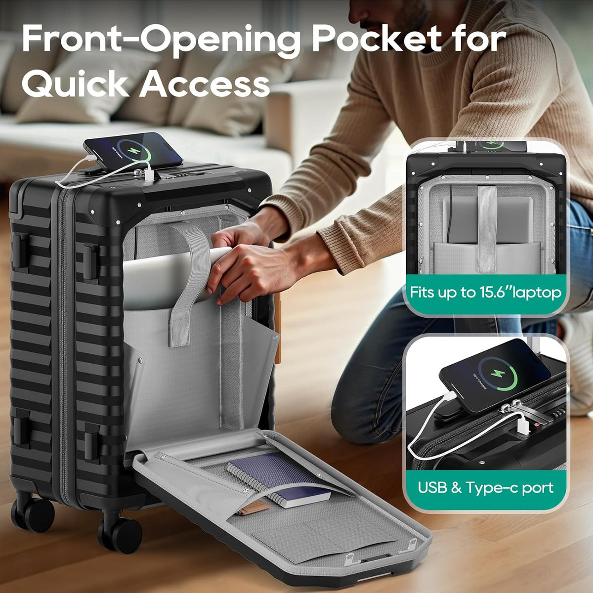 20 Inch Carry on Luggage with Front Pocket, PC Hardshell Carry-on Suitcase with USB Port and Cup Holder, 21.5x14.2x9 Airline Approved, Luggage with Spinner Wheels and TSA Lock(Dark Green)