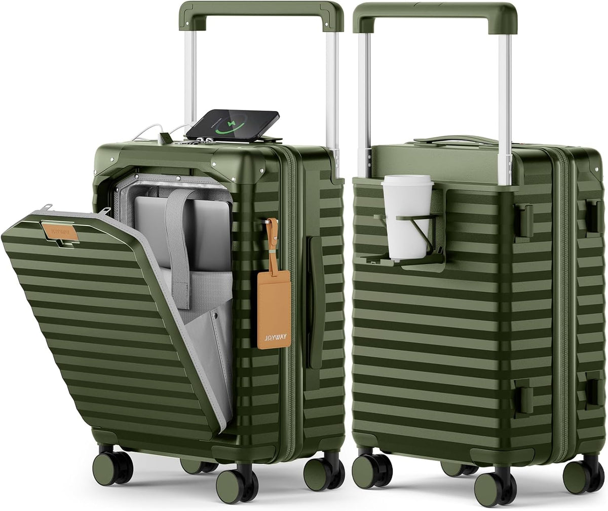 20 Inch Carry on Luggage with Front Pocket, PC Hardshell Carry-on Suitcase with USB Port and Cup Holder, 21.5x14.2x9 Airline Approved, Luggage with Spinner Wheels and TSA Lock(Dark Green)