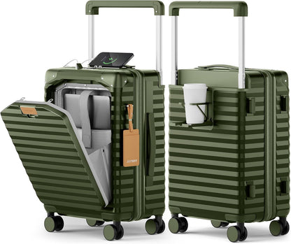 20 Inch Carry on Luggage with Front Pocket, PC Hardshell Carry-on Suitcase with USB Port and Cup Holder, 21.5x14.2x9 Airline Approved, Luggage with Spinner Wheels and TSA Lock(Dark Green)