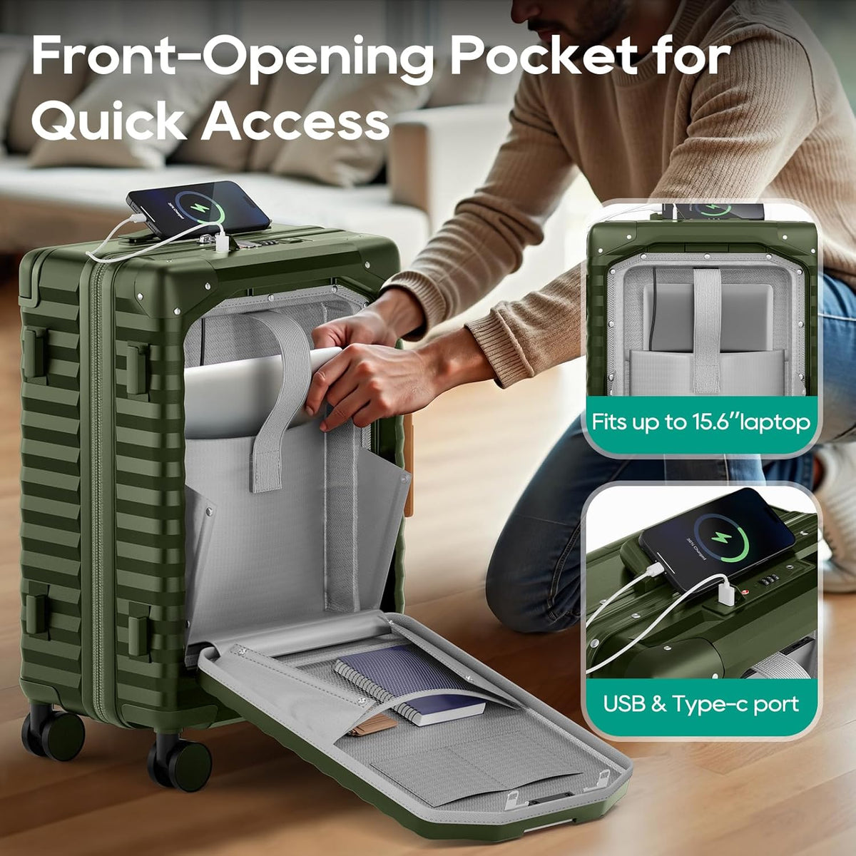 20 Inch Carry on Luggage with Front Pocket, PC Hardshell Carry-on Suitcase with USB Port and Cup Holder, 21.5x14.2x9 Airline Approved, Luggage with Spinner Wheels and TSA Lock(Dark Green)