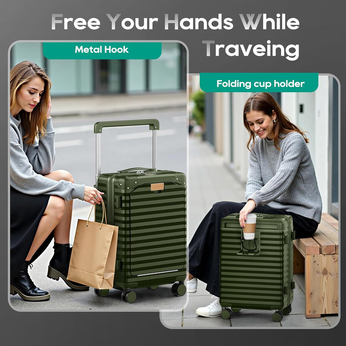 20 Inch Carry on Luggage with Front Pocket, PC Hardshell Carry-on Suitcase with USB Port and Cup Holder, 21.5x14.2x9 Airline Approved, Luggage with Spinner Wheels and TSA Lock(Dark Green)
