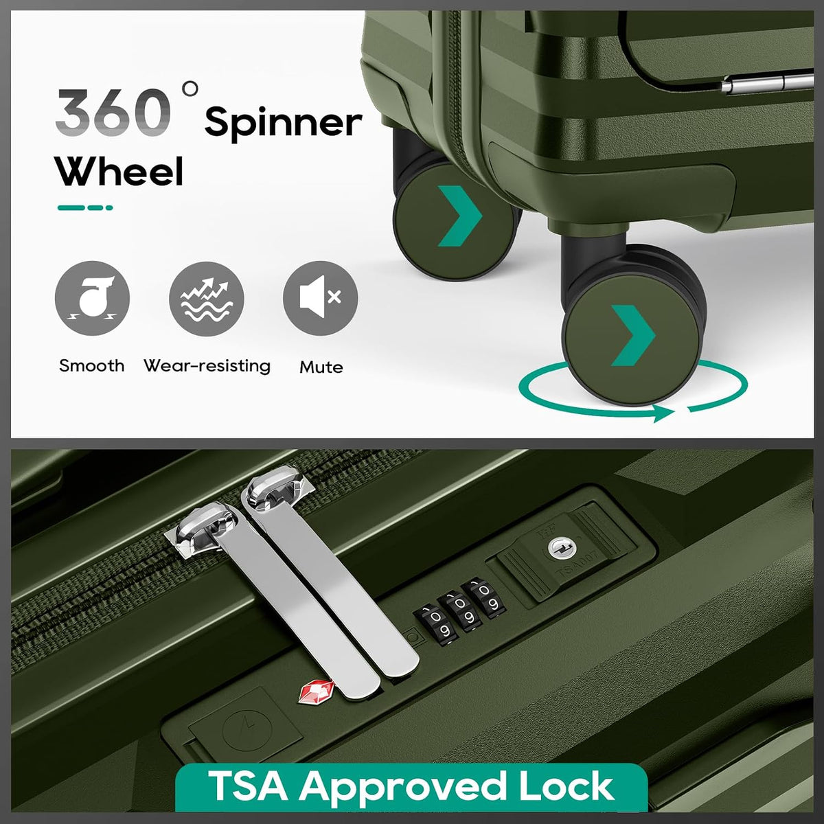 20 Inch Carry on Luggage with Front Pocket, PC Hardshell Carry-on Suitcase with USB Port and Cup Holder, 21.5x14.2x9 Airline Approved, Luggage with Spinner Wheels and TSA Lock(Dark Green)