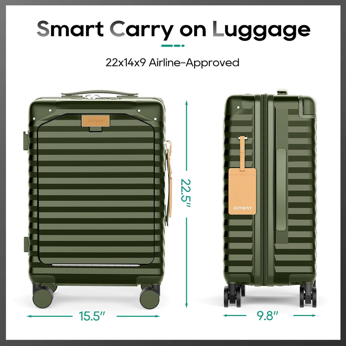 20 Inch Carry on Luggage with Front Pocket, PC Hardshell Carry-on Suitcase with USB Port and Cup Holder, 21.5x14.2x9 Airline Approved, Luggage with Spinner Wheels and TSA Lock(Dark Green)