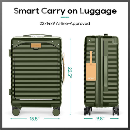 20 Inch Carry on Luggage with Front Pocket, PC Hardshell Carry-on Suitcase with USB Port and Cup Holder, 21.5x14.2x9 Airline Approved, Luggage with Spinner Wheels and TSA Lock(Dark Green)