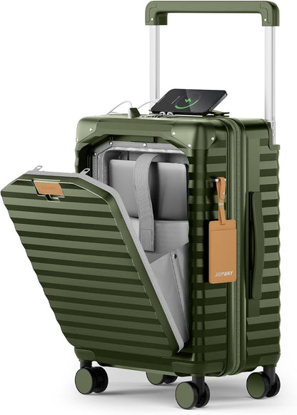 20 Inch Carry on Luggage with Front Pocket, PC Hardshell Carry-on Suitcase with USB Port and Cup Holder, 21.5x14.2x9 Airline Approved, Luggage with Spinner Wheels and TSA Lock(Dark Green)