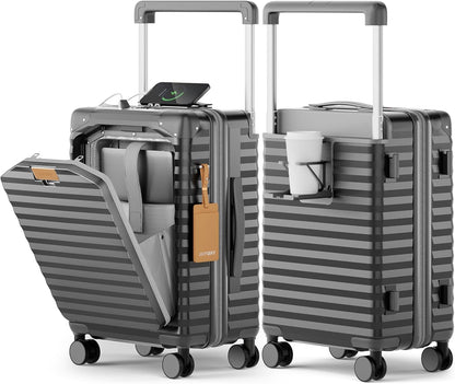 20 Inch Carry on Luggage with Front Pocket, PC Hardshell Carry-on Suitcase with USB Port and Cup Holder, 21.5x14.2x9 Airline Approved, Luggage with Spinner Wheels and TSA Lock(Dark Green)