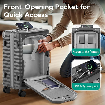 20 Inch Carry on Luggage with Front Pocket, PC Hardshell Carry-on Suitcase with USB Port and Cup Holder, 21.5x14.2x9 Airline Approved, Luggage with Spinner Wheels and TSA Lock(Dark Green)