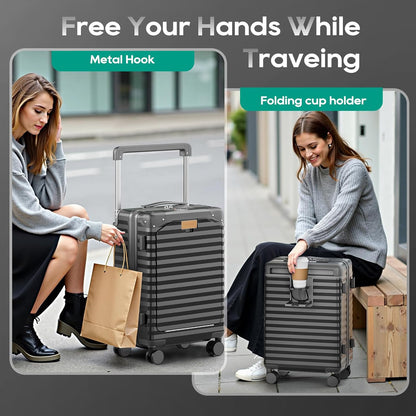 20 Inch Carry on Luggage with Front Pocket, PC Hardshell Carry-on Suitcase with USB Port and Cup Holder, 21.5x14.2x9 Airline Approved, Luggage with Spinner Wheels and TSA Lock(Dark Green)