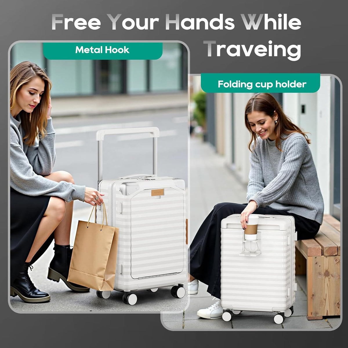 20 Inch Carry on Luggage with Front Pocket, PC Hardshell Carry-on Suitcase with USB Port and Cup Holder, 21.5x14.2x9 Airline Approved, Luggage with Spinner Wheels and TSA Lock(Dark Green)