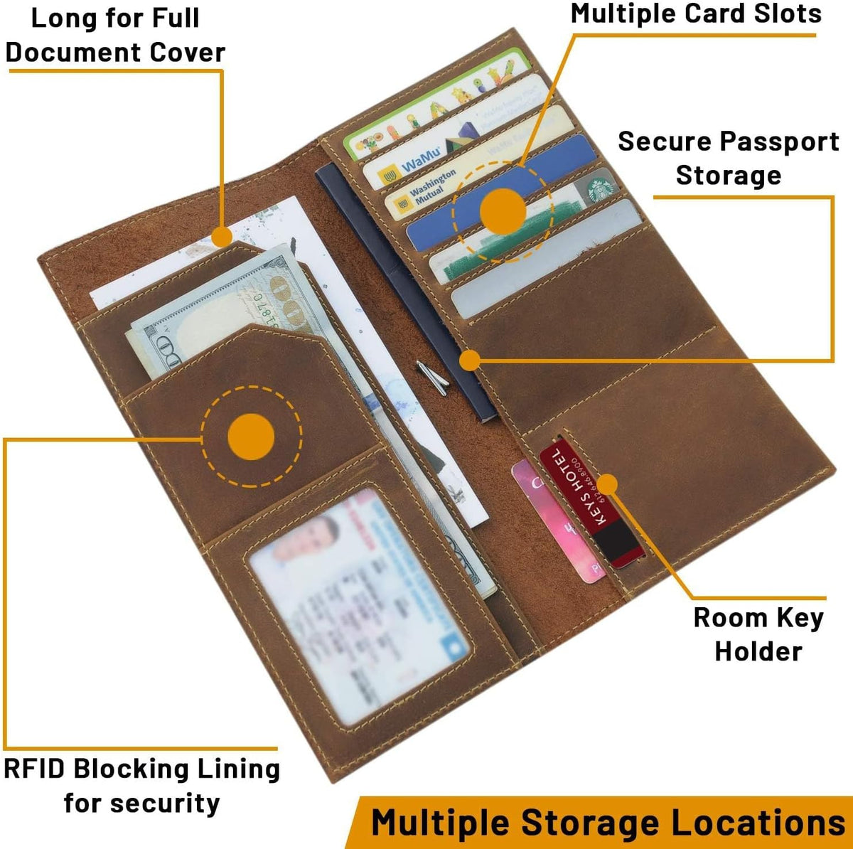 Genuine Leather Passport Wallet - 4.25 x 9 - Large Leather Passport Holder for Travel - Folding Leather Travel Wallet Case with RFID Blocking, Travel Organizer for Men and Women