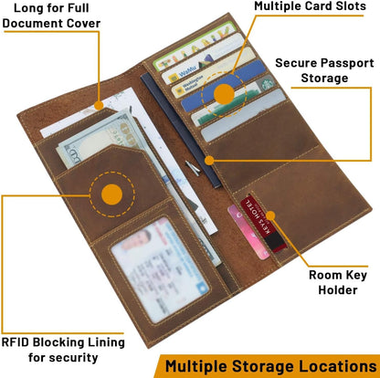 Genuine Leather Passport Wallet - 4.25 x 9 - Large Leather Passport Holder for Travel - Folding Leather Travel Wallet Case with RFID Blocking, Travel Organizer for Men and Women