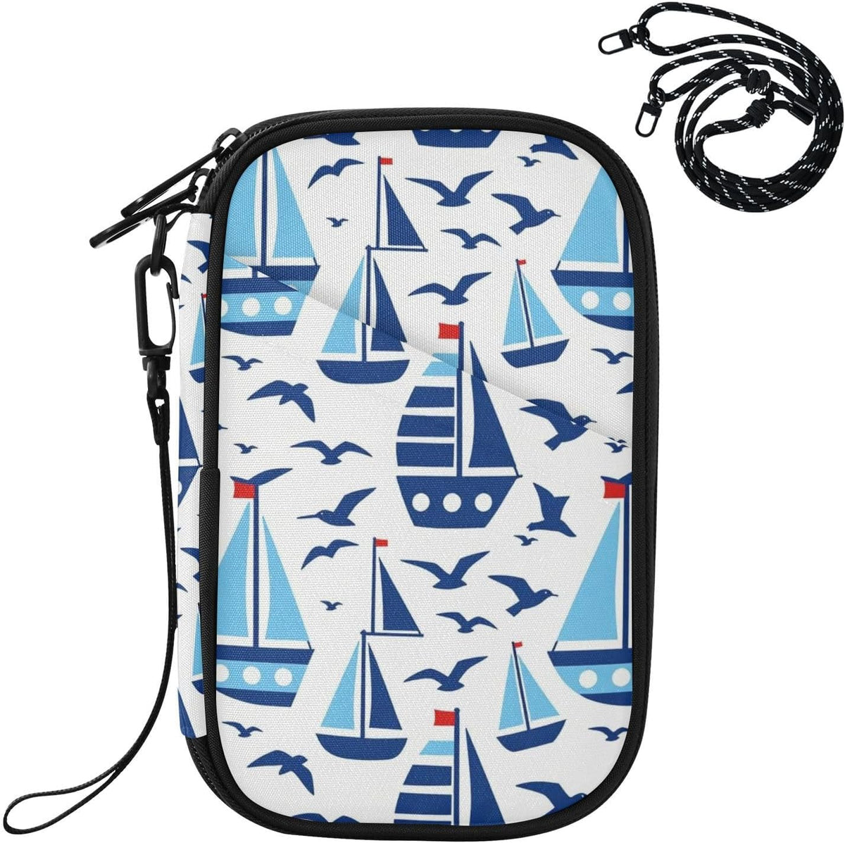 Multi-Slot Travel Document Organizer 8.26×5.51×1.18 In | Polyester Oxford Full Print Multi-Way Carry for Men Women Vacation Ocean Sailboats
