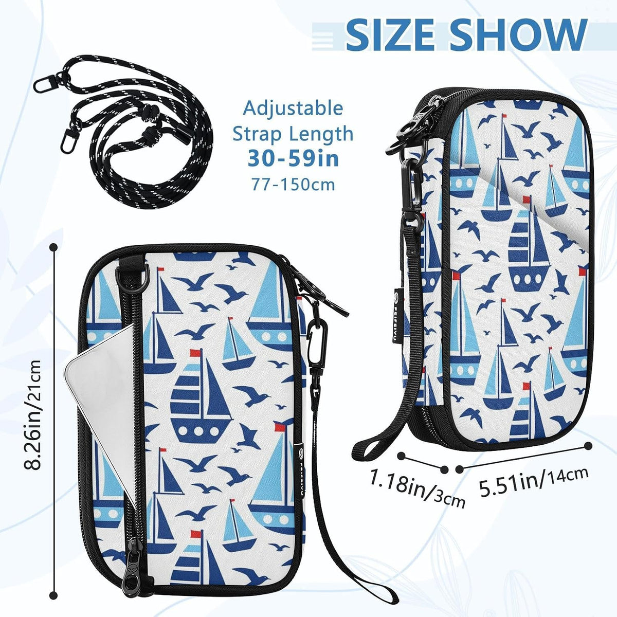 Multi-Slot Travel Document Organizer 8.26×5.51×1.18 In | Polyester Oxford Full Print Multi-Way Carry for Men Women Vacation Ocean Sailboats
