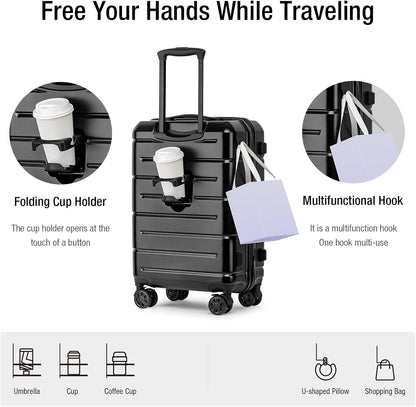 Carry On Luggage 22x14x9 Airline Approved Hardshell Carry On Suitcases with Wheels Travel Rolling 20 Inch Luggage with Cup Holder for Men Women,Carry-on Green