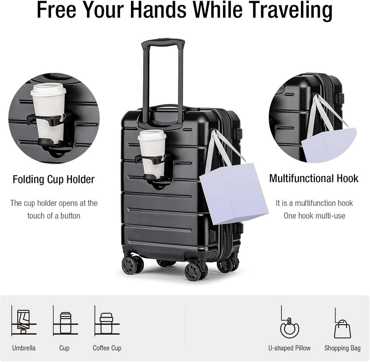 Carry On Luggage 22x14x9 Airline Approved Hardshell Carry On Suitcases with Wheels Travel Rolling 20 Inch Luggage with Cup Holder for Men Women,Carry-on Green