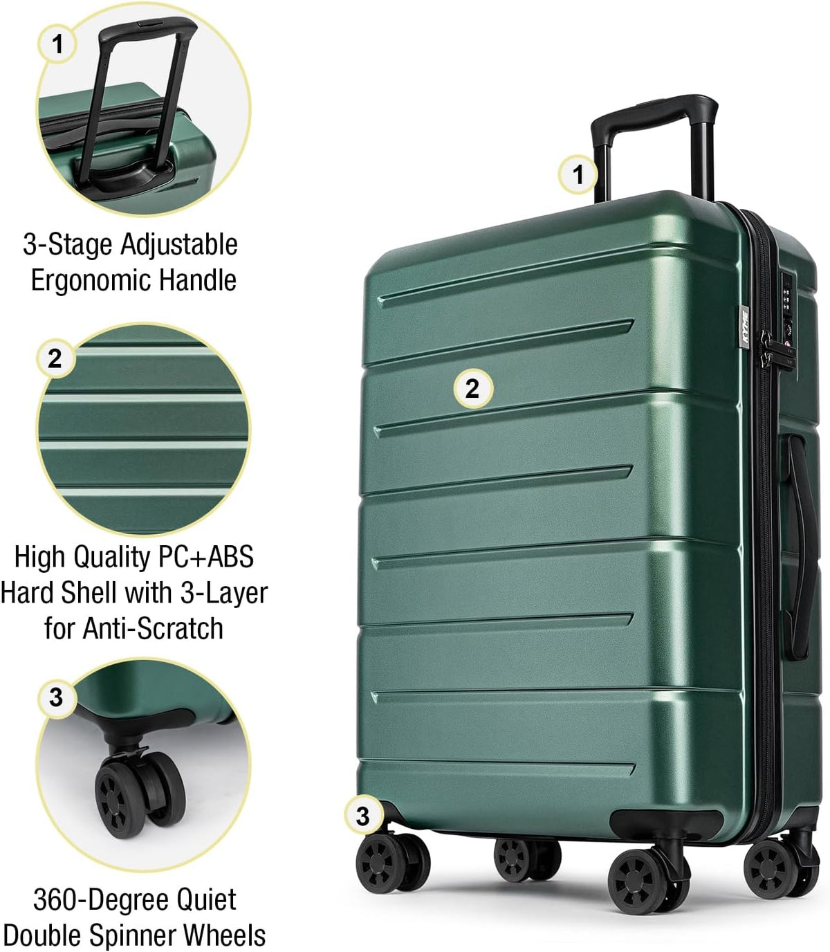 Carry On Luggage 22x14x9 Airline Approved Hardshell Carry On Suitcases with Wheels Travel Rolling 20 Inch Luggage with Cup Holder for Men Women,Carry-on Green