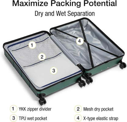Carry On Luggage 22x14x9 Airline Approved Hardshell Carry On Suitcases with Wheels Travel Rolling 20 Inch Luggage with Cup Holder for Men Women,Carry-on Green
