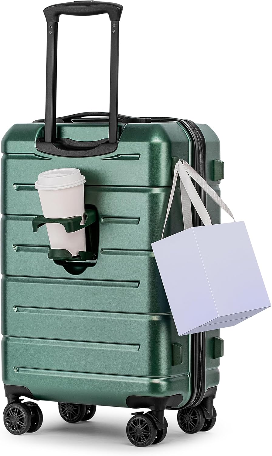 Carry On Luggage 22x14x9 Airline Approved Hardshell Carry On Suitcases with Wheels Travel Rolling 20 Inch Luggage with Cup Holder for Men Women,Carry-on Green