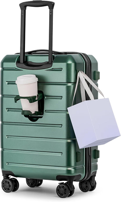 Carry On Luggage 22x14x9 Airline Approved Hardshell Carry On Suitcases with Wheels Travel Rolling 20 Inch Luggage with Cup Holder for Men Women,Carry-on Green