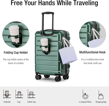 Carry On Luggage 22x14x9 Airline Approved Hardshell Carry On Suitcases with Wheels Travel Rolling 20 Inch Luggage with Cup Holder for Men Women,Carry-on Green