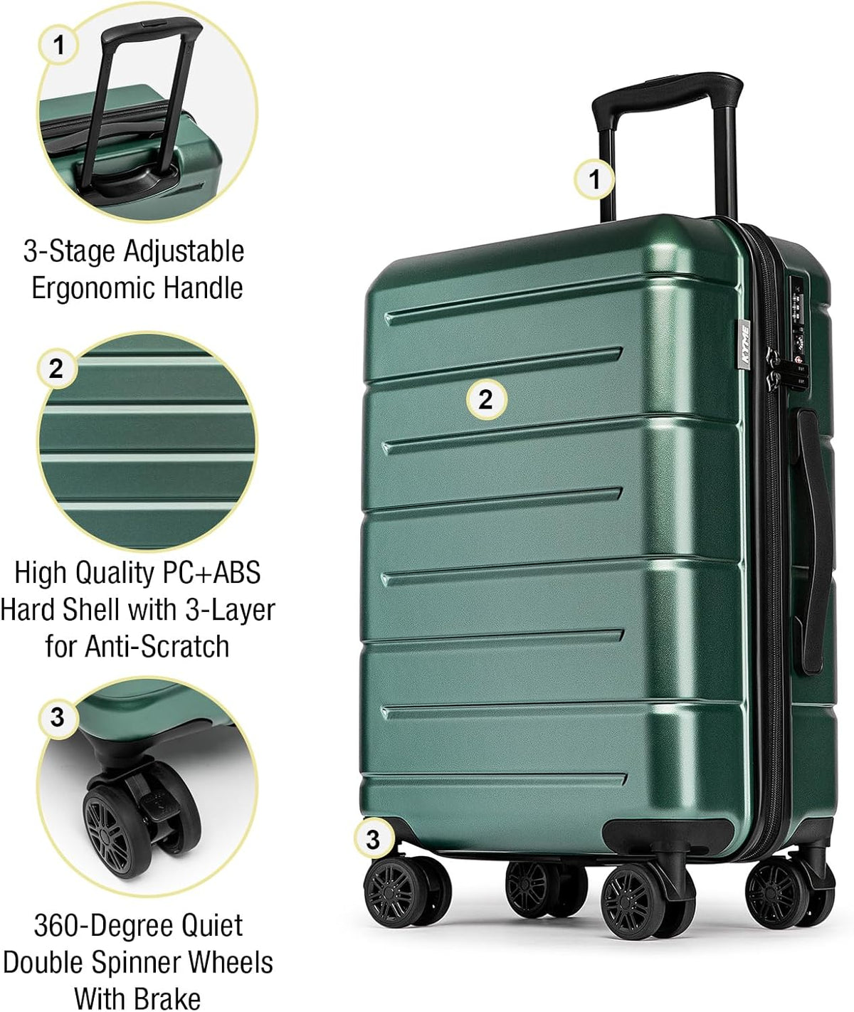 Carry On Luggage 22x14x9 Airline Approved Hardshell Carry On Suitcases with Wheels Travel Rolling 20 Inch Luggage with Cup Holder for Men Women,Carry-on Green