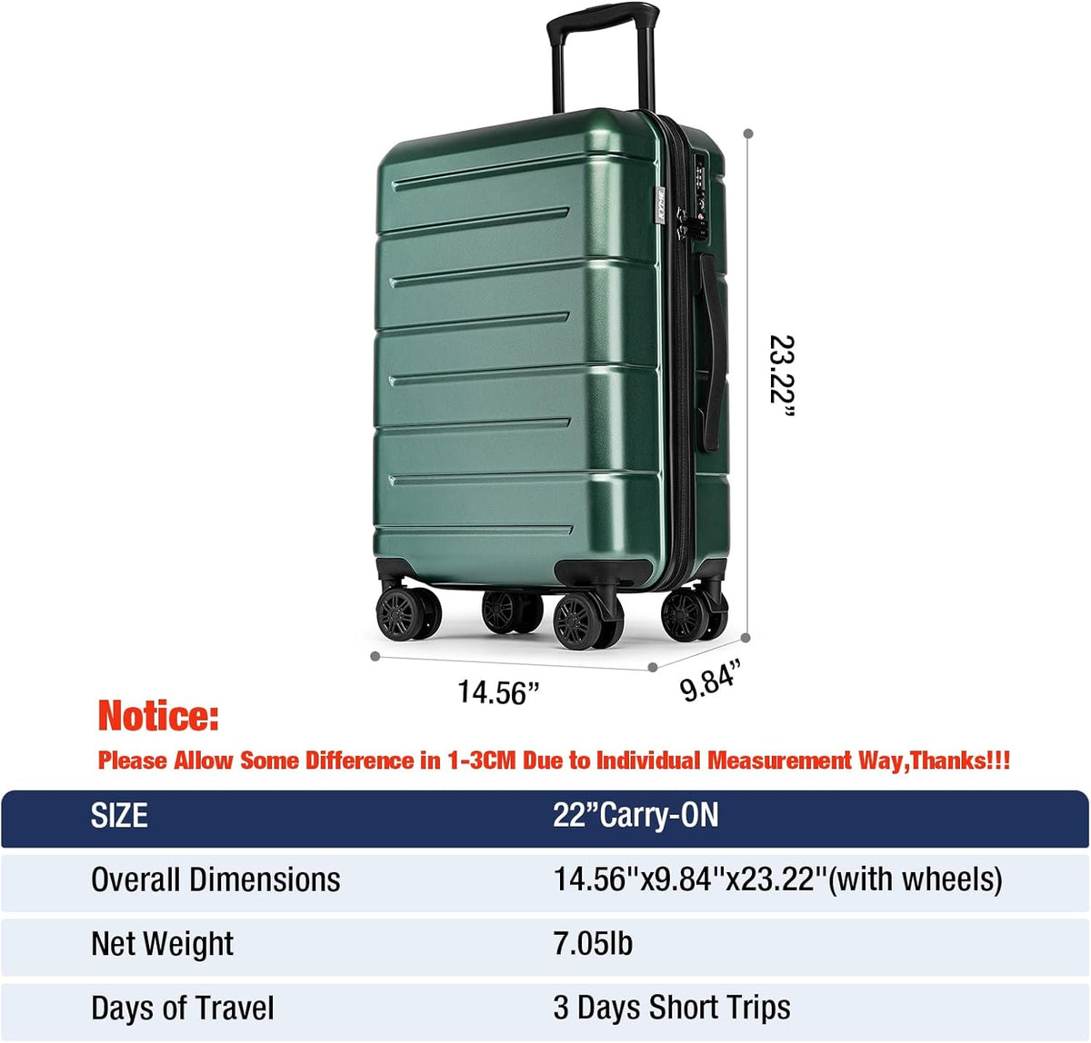 Carry On Luggage 22x14x9 Airline Approved Hardshell Carry On Suitcases with Wheels Travel Rolling 20 Inch Luggage with Cup Holder for Men Women,Carry-on Green
