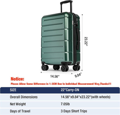 Carry On Luggage 22x14x9 Airline Approved Hardshell Carry On Suitcases with Wheels Travel Rolling 20 Inch Luggage with Cup Holder for Men Women,Carry-on Green