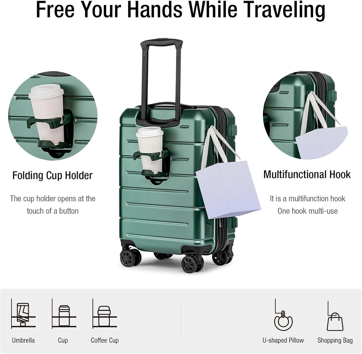Carry On Luggage 22x14x9 Airline Approved Hardshell Carry On Suitcases with Wheels Travel Rolling 20 Inch Luggage with Cup Holder for Men Women,Carry-on Green