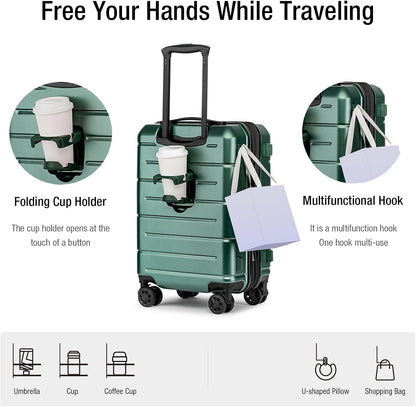 Carry On Luggage 22x14x9 Airline Approved Hardshell Carry On Suitcases with Wheels Travel Rolling 20 Inch Luggage with Cup Holder for Men Women,Carry-on Green