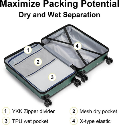 Carry On Luggage 22x14x9 Airline Approved Hardshell Carry On Suitcases with Wheels Travel Rolling 20 Inch Luggage with Cup Holder for Men Women,Carry-on Green