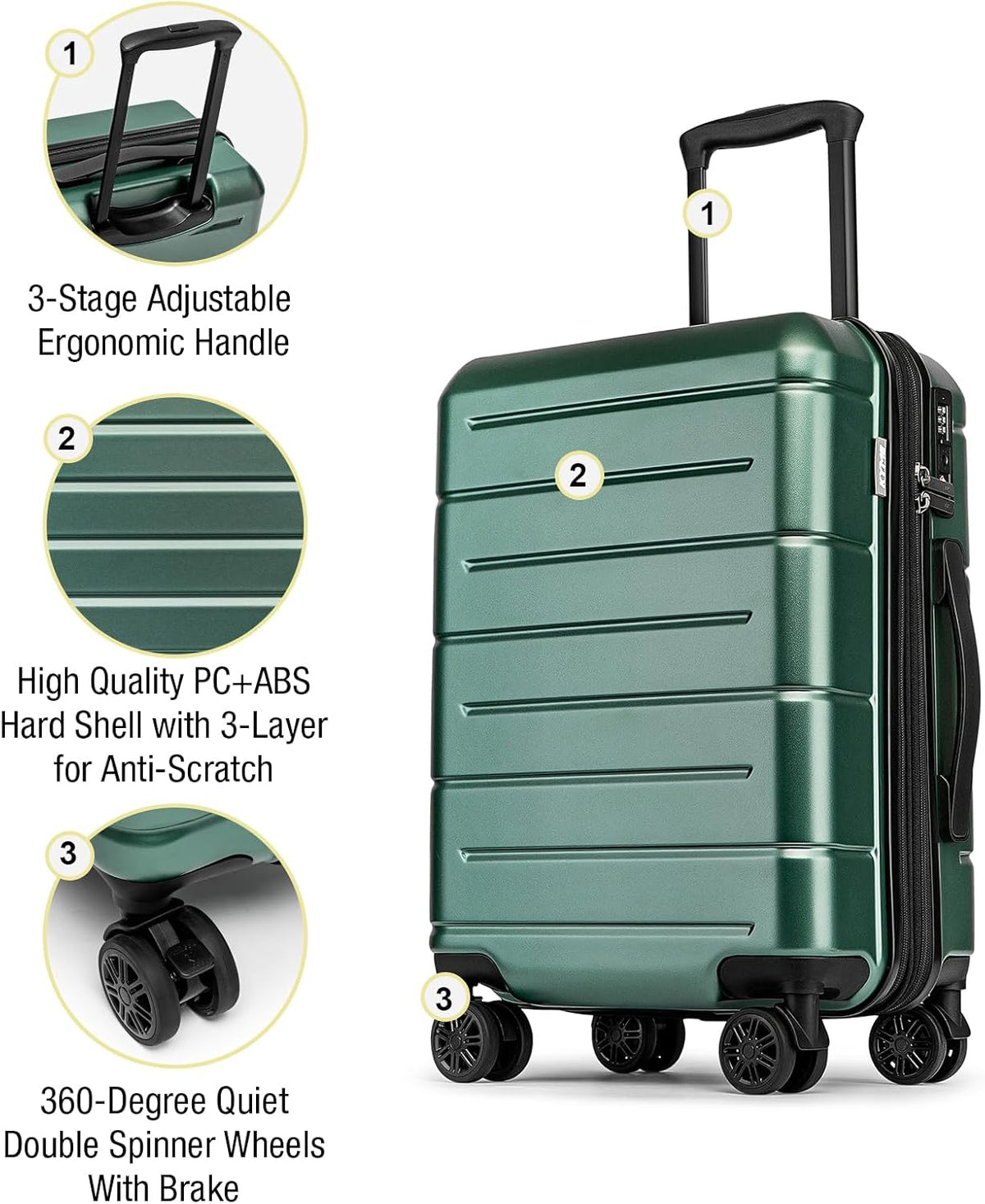 Carry On Luggage 22x14x9 Airline Approved Hardshell Carry On Suitcases with Wheels Travel Rolling 20 Inch Luggage with Cup Holder for Men Women,Carry-on Green