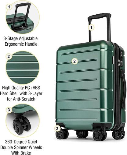 Carry On Luggage 22x14x9 Airline Approved Hardshell Carry On Suitcases with Wheels Travel Rolling 20 Inch Luggage with Cup Holder for Men Women,Carry-on Green