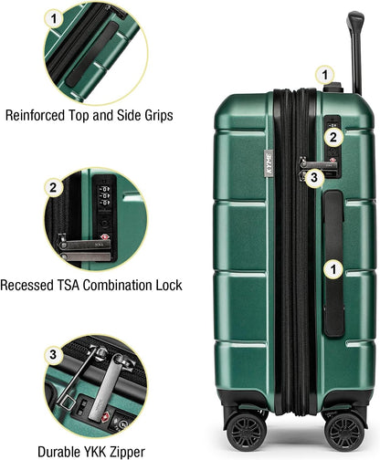 Carry On Luggage 22x14x9 Airline Approved Hardshell Carry On Suitcases with Wheels Travel Rolling 20 Inch Luggage with Cup Holder for Men Women,Carry-on Green