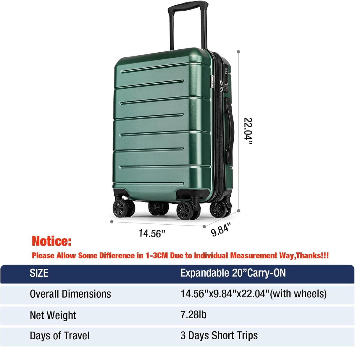 Carry On Luggage 22x14x9 Airline Approved Hardshell Carry On Suitcases with Wheels Travel Rolling 20 Inch Luggage with Cup Holder for Men Women,Carry-on Green
