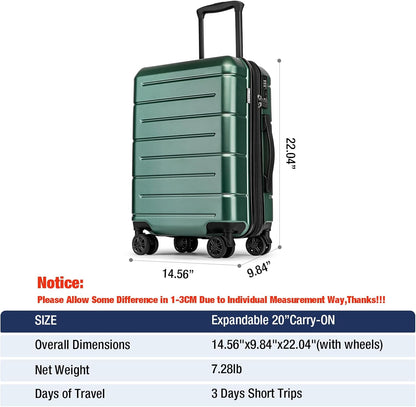 Carry On Luggage 22x14x9 Airline Approved Hardshell Carry On Suitcases with Wheels Travel Rolling 20 Inch Luggage with Cup Holder for Men Women,Carry-on Green